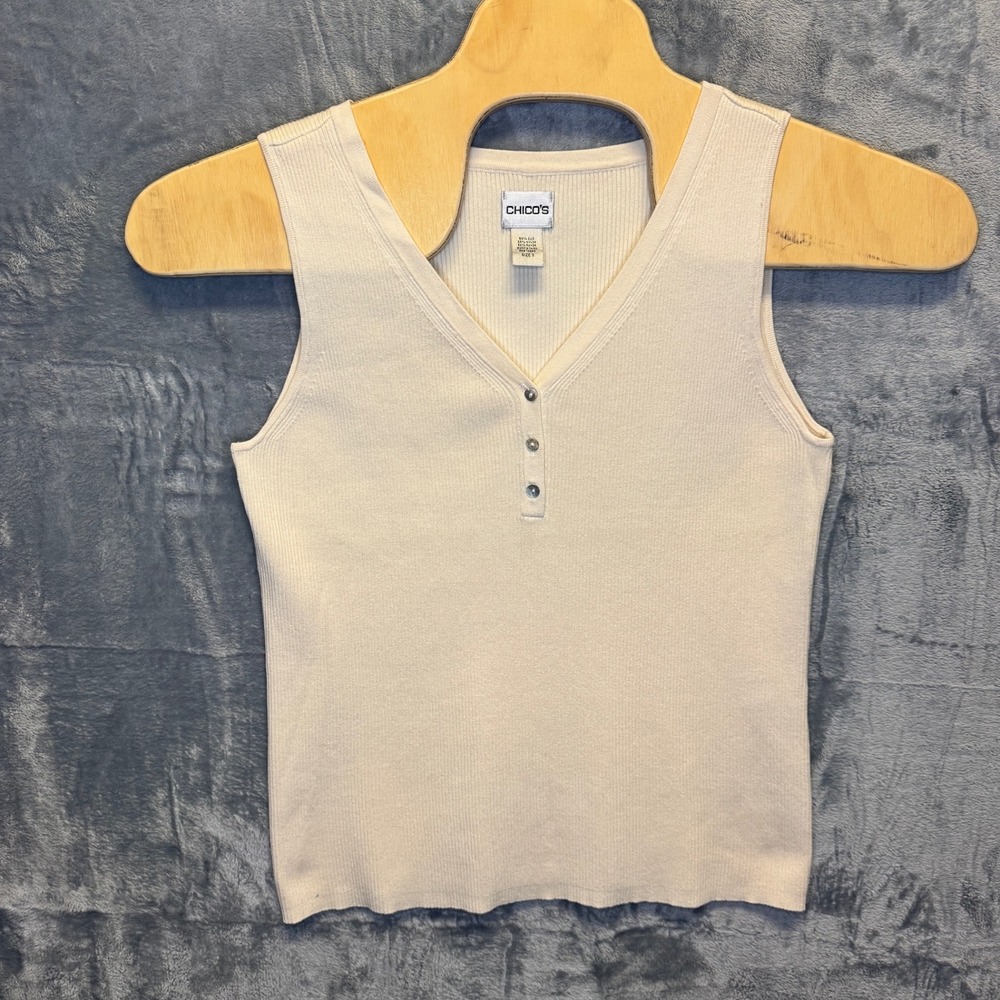 2162 | Chico's Ribbed Silk Blend Henley Knit Tank Top Cream Womens 3 XL
